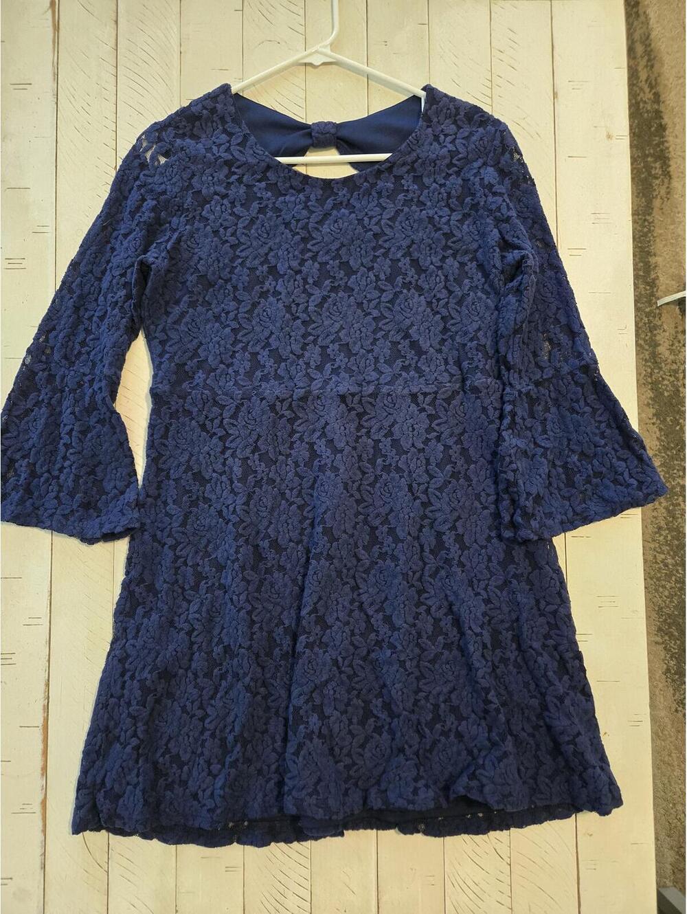 Justice Girls Navy Blue Lace Dress Size 18 Plus Fit & Flare Bell Sleeve